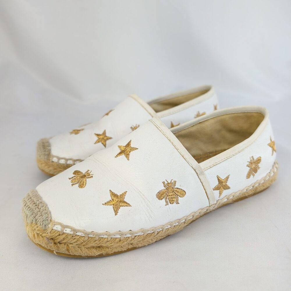 Gucci Paramour Espadrille Flats Womens 37 White Leather Bee Star Embroidered